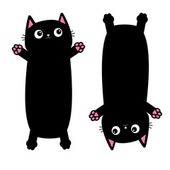 Cute black cat set. Long body with pink paw print. Cartoon baby character. Funny face head silhouette. Happy Halloween. Meow. Kawaii animal. Pet collection. Flat design. Isolated. White background.