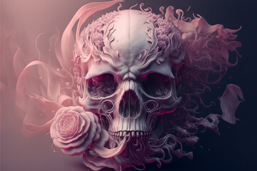 Abstract, surreal, elegant skull with pink roses.Digital art - obrazy, fototapety, plakaty