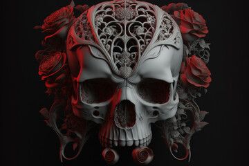Abstract, surreal, creepy skull with red roses.Digital art