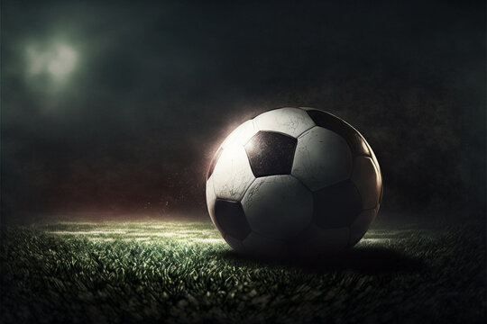 Ball on gras in soccer stadium with illumination at night