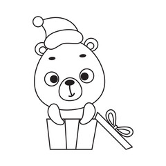 Coloring page cute little bear sitting in gift box. Coloring book for kids. Educational activity for preschool years kids and toddlers with cute animal. Vector stock illustration
