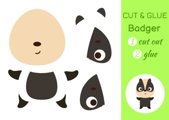 Cut and glue paper little badger. Kids crafts activity page. Educational game for preschool children. DIY worksheet. Kids art game and activities jigsaw. Vector stock illustration
