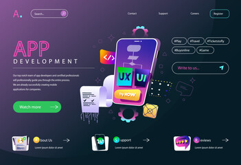 App development concept in flat cartoon design for homepage layout. Mobile ui ux design prototyping, creating smartphone programs and applications. Vector illustration for landing page and web banner