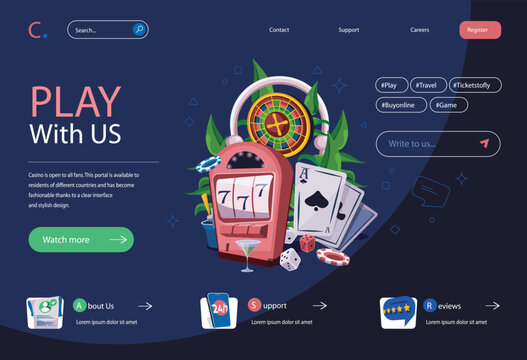 Casino concept in flat cartoon design for homepage layout. Online poker and gambling, slot machine jackpot winning, roulette, dices and card games. Vector illustration for landing page and web banner