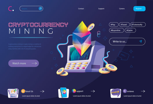 Cryptocurrency mining concept in flat cartoon design for homepage layout. Crypto business on mining farm and equipment for receiving bitcoins. Vector illustration for landing page and web banner