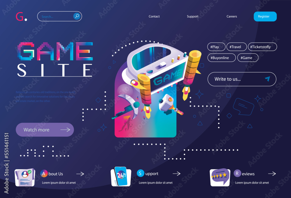 Leinwandbilder game site concept in flat cartoon design for homepage layout. online platform for buying and playing