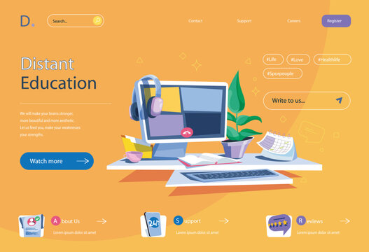 Distant education concept in flat cartoon design for homepage layout. Online education at school, video lectures or remote lessons at university. Vector illustration for landing page and web banner