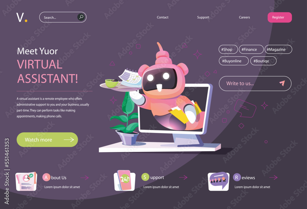 Poster virtual assistant concept in flat cartoon design for homepage layout. consultation and solution of t