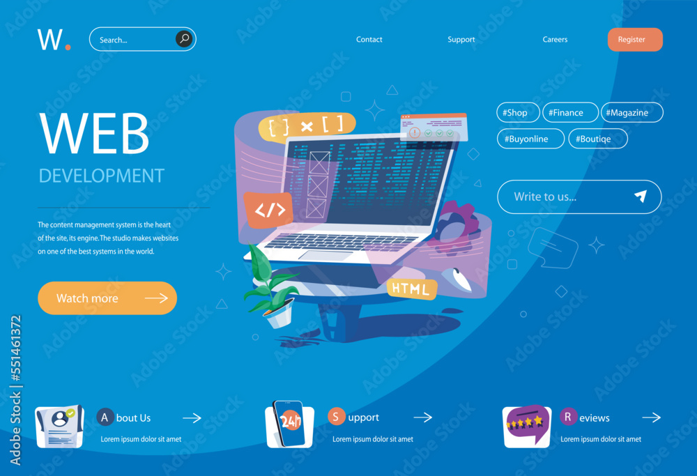 Wall mural web development concept in flat cartoon design for homepage layout. programming and working with cod