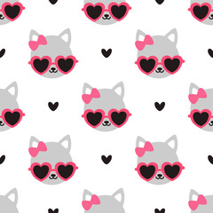 Seamless pattern with white cats wearing sunglasses