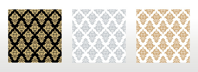Fototapeta premium Wallpapers in the style of Baroque. Seamless vector backgrounds. Set of colored floral ornaments. Graphic patterns for fabric, wallpaper, packaging. Ornate Damask flower ornaments