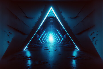 A new kind of spacecraft with a triangular tube Sci-fi laser blue light glowing backdrops for artwork - obrazy, fototapety, plakaty