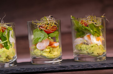 Avocado shrimp arugula mayonaise, espelette pepper and lemon, leek sprouts recipe, High quality photo