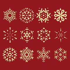 Snowflakes icon collection. Graphic modern gold and red ornament