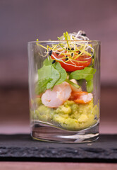 Avocado shrimp arugula mayonaise, espelette pepper and lemon, leek sprouts recipe, High quality photo
