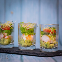 Avocado shrimp arugula mayonaise, espelette pepper and lemon, leek sprouts recipe, High quality photo
