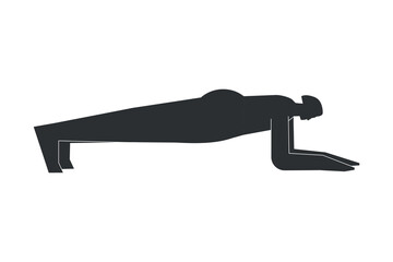 Vector isolated concept with flat black silhouette of female character doing finess. Athletic woman learns yoga posture - Dolphin Plank Pose. Sportive exercise - Forearm Plank