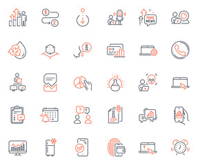 Technology icons set. Included icon as Refrigerator, Scroll down and Cyber attack web elements. Food app, Video conference, Swipe up icons. Work home, Recycle water, Card web signs. Vector