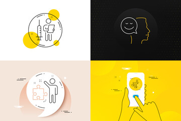 Minimal set of Good mood, Strategy and Vaccination announcement line icons. Phone screen, Quote banners. Add team icons. For web development. Positive thinking, Business plan, Medical vaccine. Vector