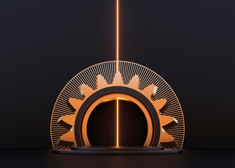 Steampunk mechanism. 3d render illustration. Gears, flying metal spheres and gold rings. Engine Mechanical Parts. Podium, pedestal on dark background. Steam punk cogwheels components of clockwork	
