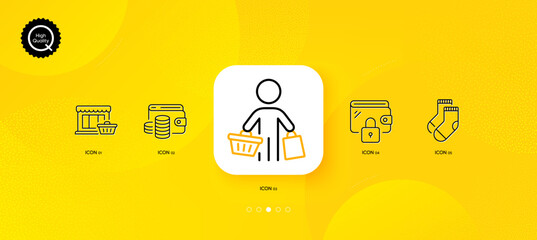 Fototapeta na wymiar Marketplace, Wallet money and Wallet minimal line icons. Yellow abstract background. Buyer, Socks icons. For web, application, printing. Shopping store, Coins, Locked money purse. Vector