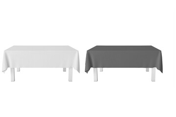 Black and white empty cloth table isolated on white background. Blank tablecloth mockup stand display for restaurant, cafe, conference, show, brand events presentation, exhibition. 3d rendering.