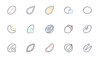 Nuts and seeds line icons. Hazelnut, Almond nut and Peanut. Walnut, Brazil nut, Pistachio icons. Cacao and Cashew nuts. Linear set. Bicolor outline web elements. Vector
