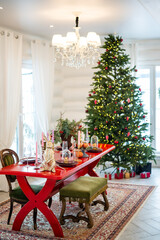 large table decorated for Christmas and New Year