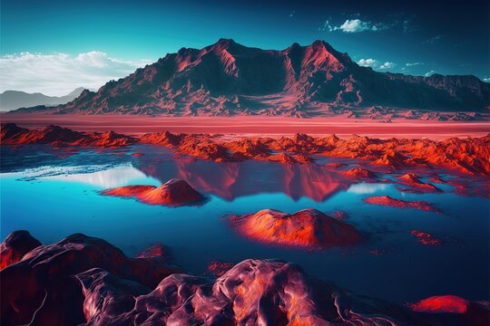 Volcanic red mountains and sky blue salt lake. © sadib