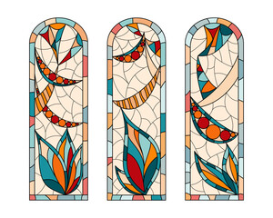 Stained glass windows in a Church. Composition of three pieces.