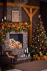 Fototapeta na wymiar large fireplace and a beautiful Christmas tree. Photo studio decorated for the New Year