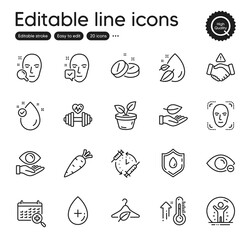Set of Healthcare outline icons. Contains icons as Leaves, Oil serum and Medical calendar elements. Leaf, Carrot, Medical tablet web signs. Dumbbell, Face accepted. Outline leaves icon. Vector