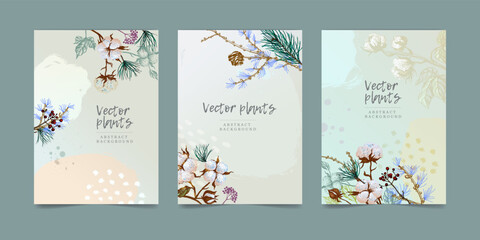 set of vector background illustrations with winter plants for social networks, wallpaper banners, covers, templates