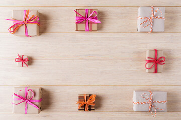 Top view of craft gift boxes made of zero waste materials. Eco friendly packaging. Background with copy space