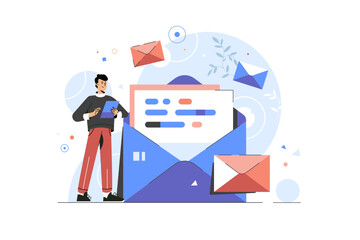 Men with mail. Chatting. Business vector illustration. Men reading letter. Working process. New email message, mail notification. Social network, chat. New incoming message, sms, spam.