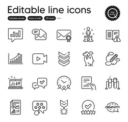 Set of Education outline icons. Contains icons as Keywords, Rating stars and Meeting time elements. Success, Document, Approve web signs. Winner medal, Graph chart, Verified mail elements. Vector