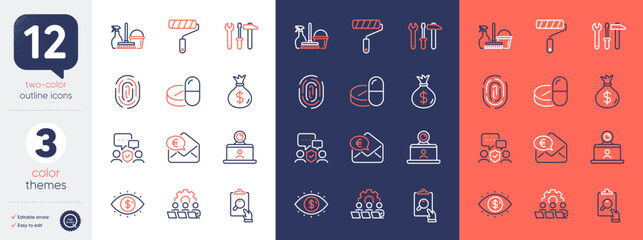 Set of Medical drugs, Spanner tool and Paint roller line icons. Include Euro money, Teamwork, Security agency icons. Inspect, Household service, Fingerprint web elements. Money bag. Vector