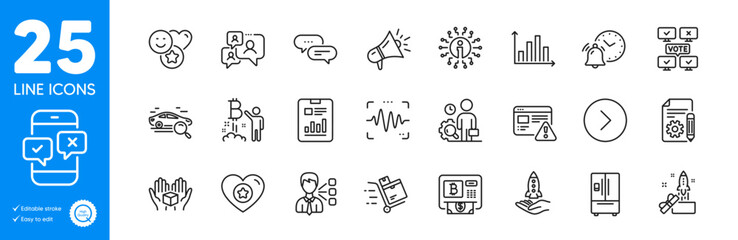 Outline icons set. Refrigerator, Bitcoin atm and Crowdfunding icons. Report document, Bitcoin project, Support chat web elements. Megaphone, Dots message, Alarm clock signs. Voice wave. Vector