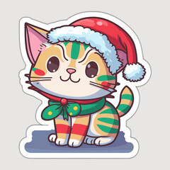 Cartoon, cute, white Christmas cat sticker. Merry Christmas. Vector illustration.