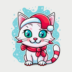 Cartoon, cute, white Christmas cat sticker. Merry Christmas. Vector illustration.