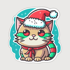 Cartoon, cute, white Christmas cat sticker. Merry Christmas. Vector illustration.