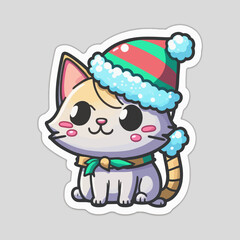 Cartoon, cute, white Christmas cat sticker. Merry Christmas. Vector illustration.