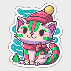 Cartoon, cute, white Christmas cat sticker. Merry Christmas. Vector illustration.