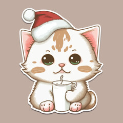 Cartoon, cute, white Christmas cat sticker. Merry Christmas. Vector illustration.
