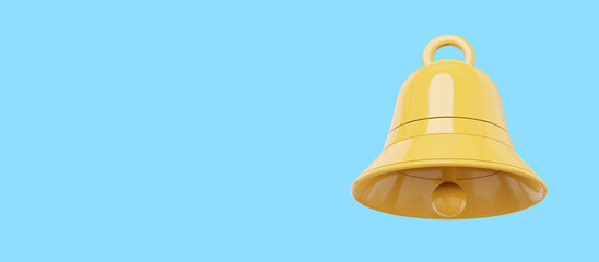 Yellow bell, notification symbol. 3D rendering. Icon on blue background, space for text.