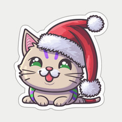 Cartoon, cute, white Christmas cat sticker. Merry Christmas. Vector illustration.