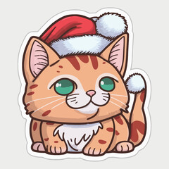 Cartoon, cute, white Christmas cat sticker. Merry Christmas. Vector illustration.