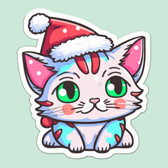 Cartoon, cute, white Christmas cat sticker. Merry Christmas. Vector illustration.