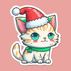 Cartoon, cute, white Christmas cat sticker. Merry Christmas. Vector illustration.