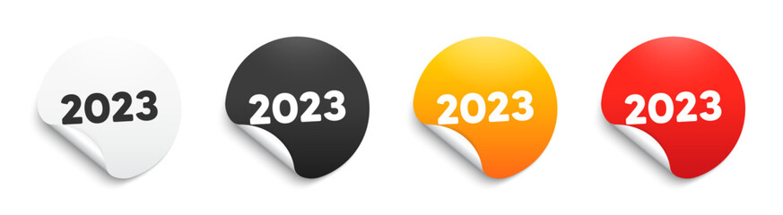 2023 year icon. Round sticker badge with offer. Event schedule annual date. 2022 annum planner. Paper label banner. 2023 year adhesive tag. Vector